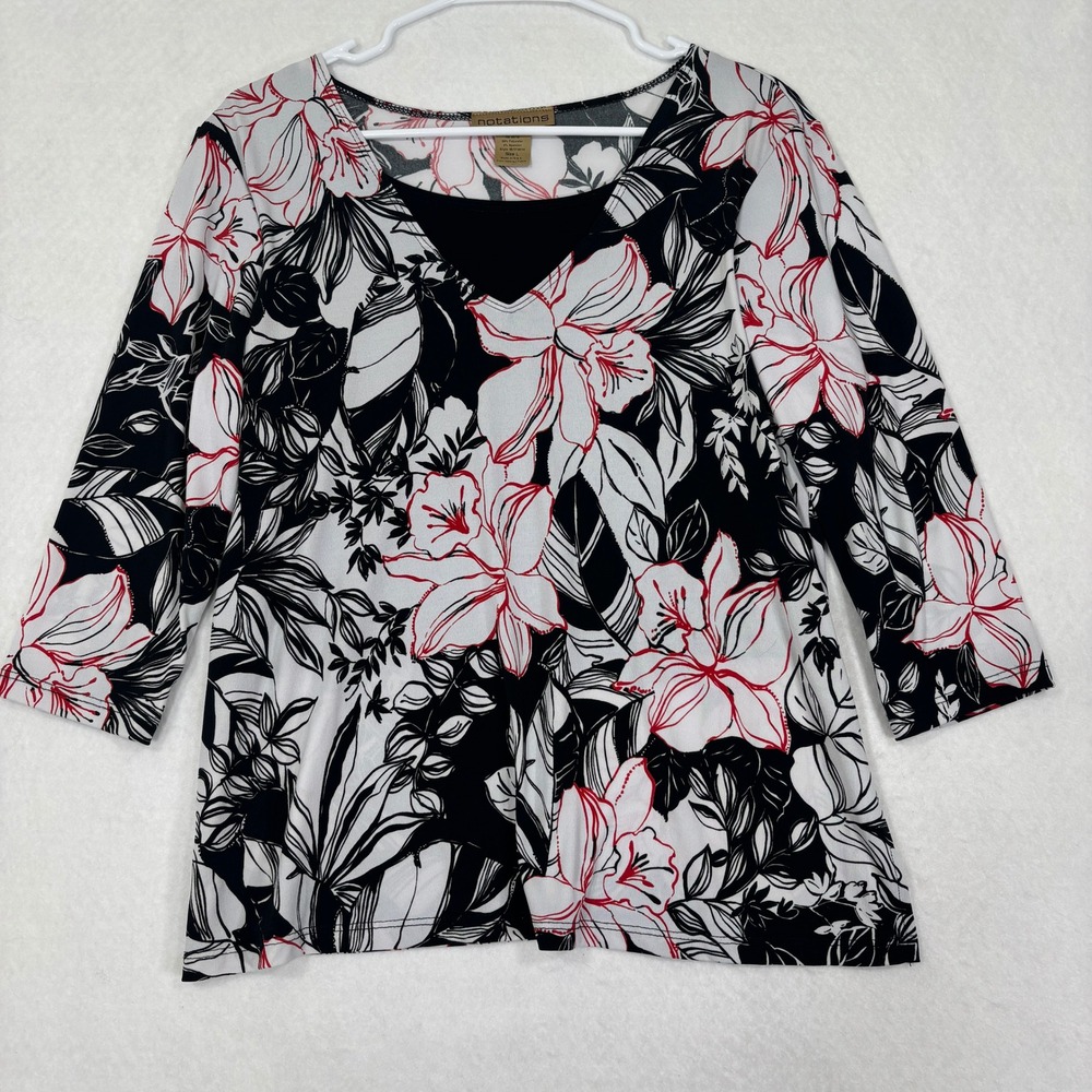 Notations Floral Top L 3/4 Sleeve Stretch Career Casual Blouse Excellent